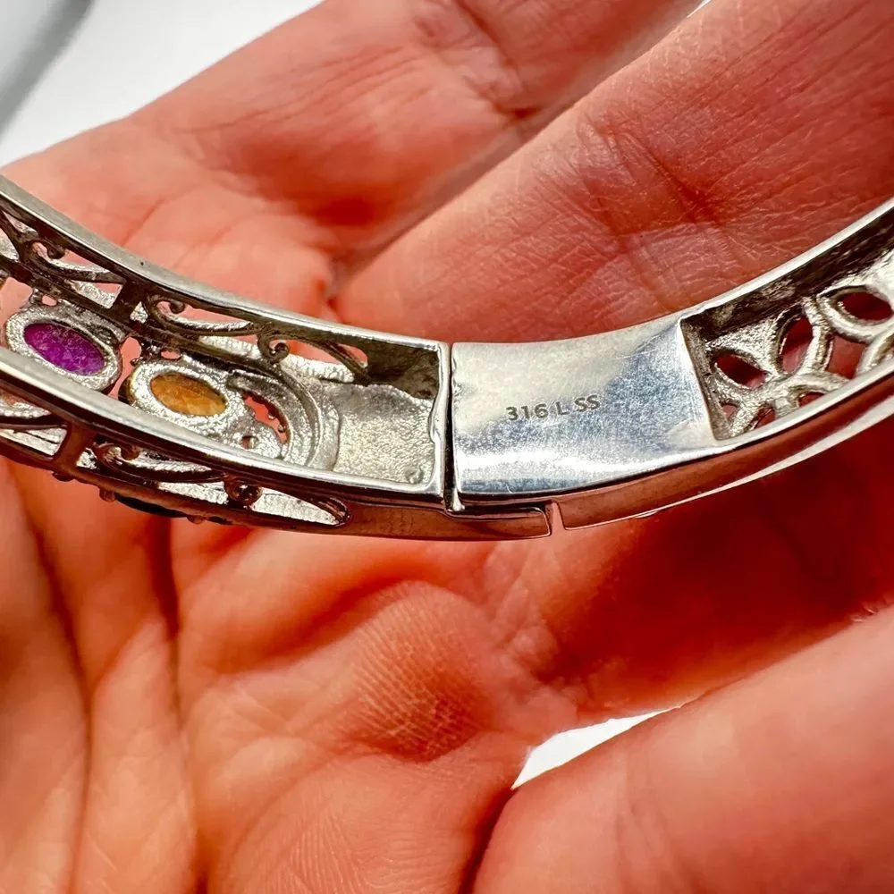 NWT Multi-gemstone and stainless steel hinged bangle/ bracelet!‎